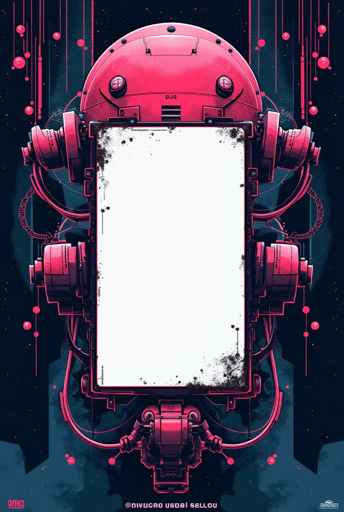 create a poster that says MACRODISCOMOBIL SOLLANA. In the center of the poster there should be a white box to put the name of the DJs who will play at this techno event.. So the poster must be inspired by a world of robots and hardcore
