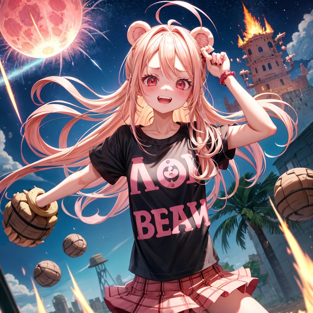 Pink Blonde、Red eyes、Hair tied up、One cute girl、solo、And soul、Checked mini skirt、black t-shirts、one piece、bear ears baseball cap、large tree、Thundercloud、Burning Full Moon、desert、Stones are piled up、Teeth are visible、Fortress City、Tilting face、Starry Sky、firework、A teddy bear is jumping