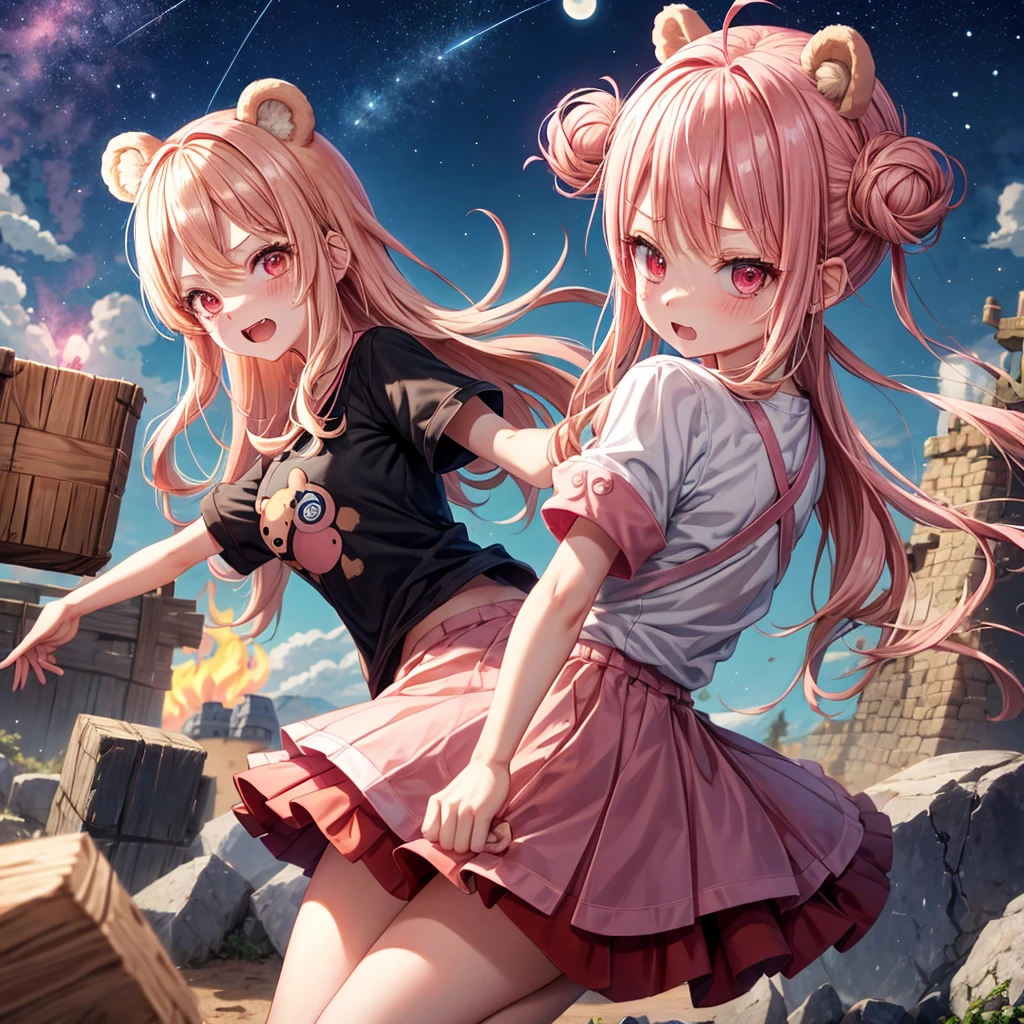 Pink Blonde、Red eyes、Hair tied up、One cute girl、solo、And soul、Checked mini skirt、black t-shirts、one piece、bear ears baseball cap、large tree、Thundercloud、Burning Full Moon、desert、Stones are piled up、Teeth are visible、Fortress City、Tilting face、Starry Sky、firework、A teddy bear is jumping