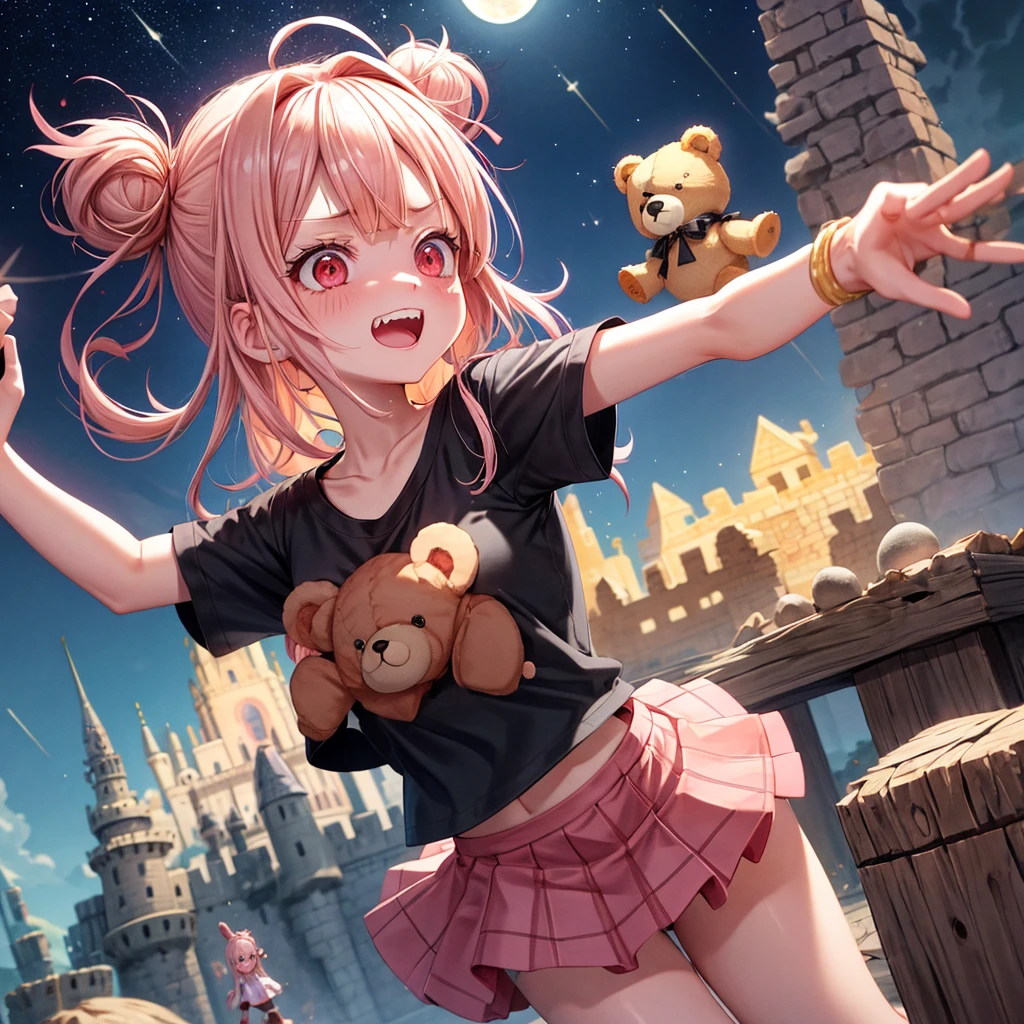 Pink Blonde、Red eyes、Hair tied up、One cute girl、solo、And soul、Checked mini skirt、black t-shirts、one piece、bear ears baseball cap、large tree、Thundercloud、Burning Full Moon、desert、Stones are piled up、Teeth are visible、Fortress City、Tilting face、Starry Sky、firework、A teddy bear is jumping