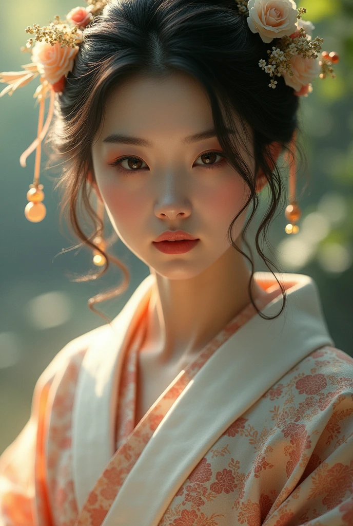 An elegantly dressed Japanese woman in natural light、A close-up of her chest and calm expression.、It shows her inner peace and outer charm.。