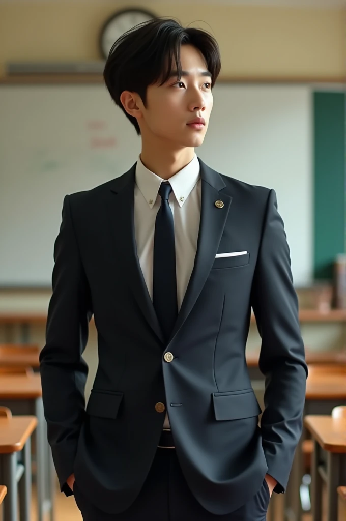 An 18 year old Vietnamese man wearing a suit, Korean hairstyle in classroom