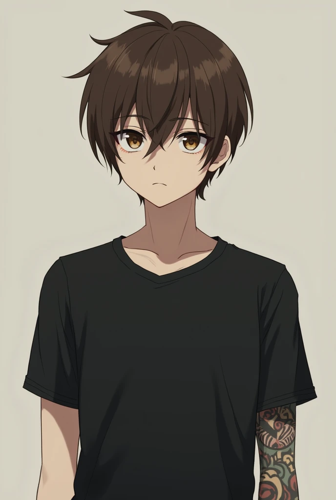 Sad slim male anime style image with brown hair and eyes wearing a black t-shirt and tattoo only on his left arm