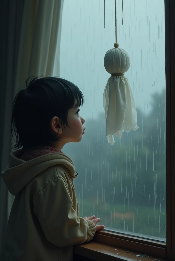 A child is looking at the Teru Teru Bozu hanging on his window during a rainy, cloudy day.