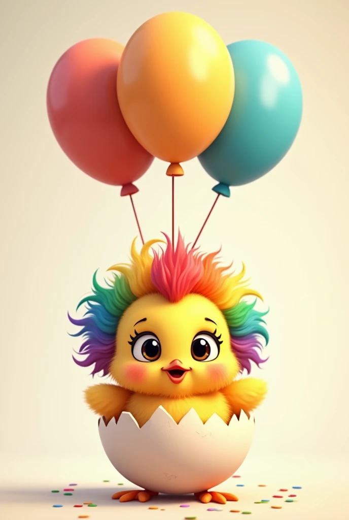 Cute chick cartoon inside its shell with clown wig and balloons that it holds together