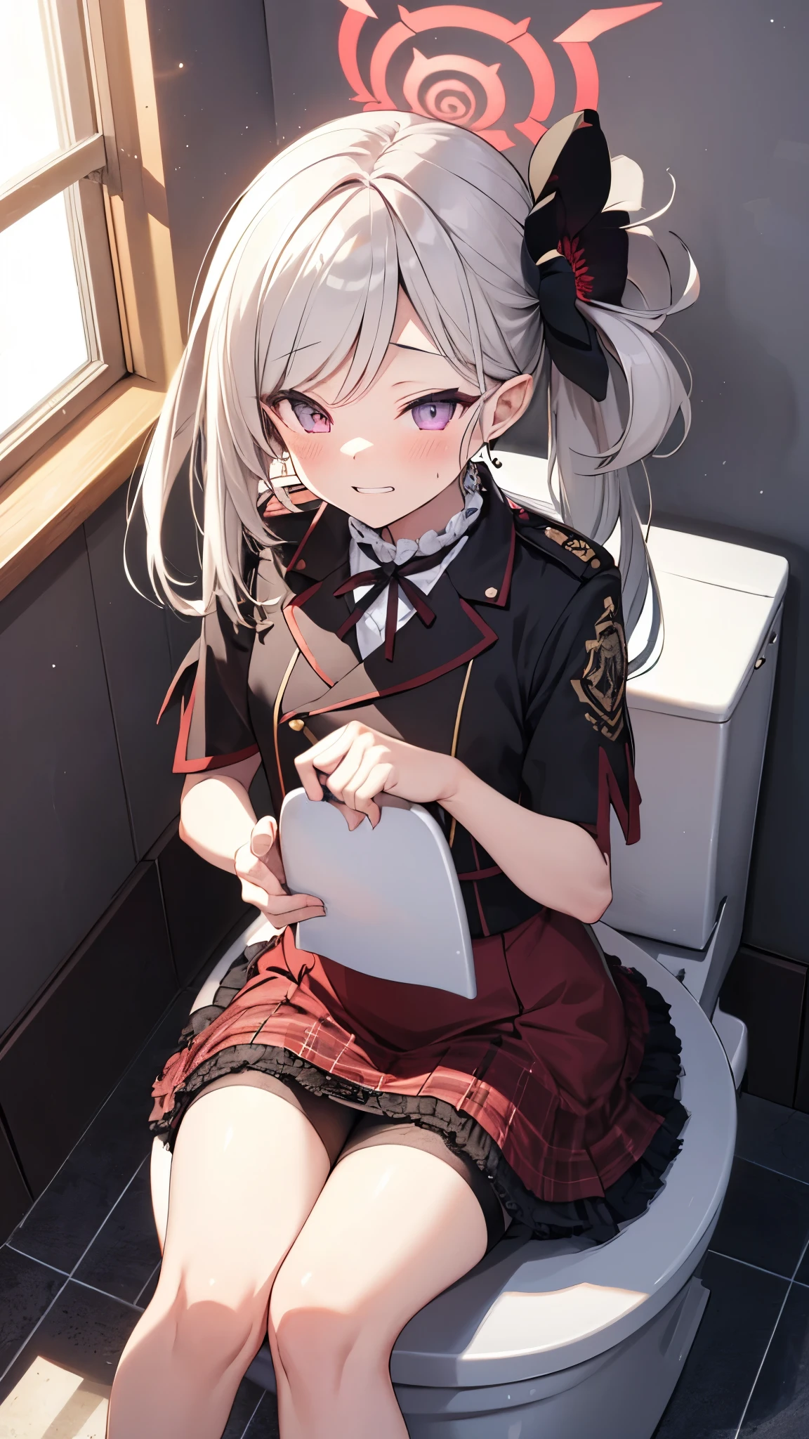 ((cowboy shot)),1girl,mutsukidef,(chibi:1.2),gray hair,long hair,side ponytail,(black cropped blazer),short sleeve,(red flare skirt),Hair Ornaments,halo,dynamic angle,(from above),(sit on the toilet:1.5), (panty pull:1.3), sweat, half-closed eyes,clenched teeth,(own hands clasped:1.2),masterpiece,Noise Reduction,perfect anatomy,high resolution, ultra-detailed, ultra-detailed face,game cg,dutch angle ,beautiful detailed eyes,visualart,five fingers, perfect hands, perfect lighting, sparkling pupils,