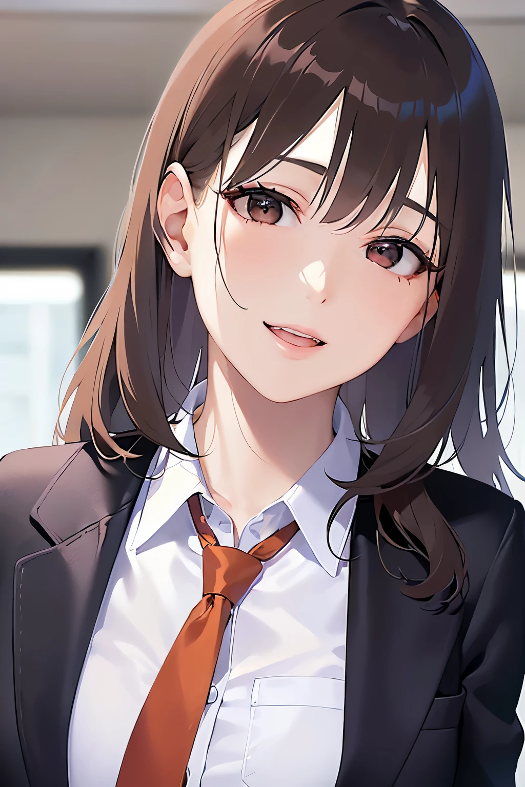 hand on own face, upper body, Realistic, real person, (pale skin: 1.2), RAW photo, photorealistic, shiny skin, shiny hair、(A 25-year-old woman with medium-length hair and bangs) and (wavy hair) and (brown hair) and (orange eyes) , BREAK (business suit:1.5) and (white collared shirt) BREAK、smile, open mouth, Background is an office room、Alone、Are standing