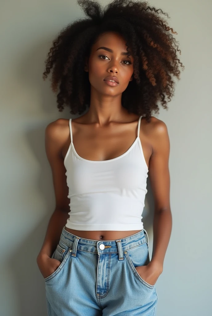 Une jeune fille noire métisse afro-américaine de 20 ans très clair de peau et très belle avec un corps athlétique, skinny des cheveux bouclés mi-longs, un teint lumineux et des traits doux. Elle porte une tenue de vacance moderne et se tient dans un environnement urbain. Elle a un regard confiant et un sourire accueillant." je veut une photo très réaliste pour un compte Instagram qui sort dans une voiture