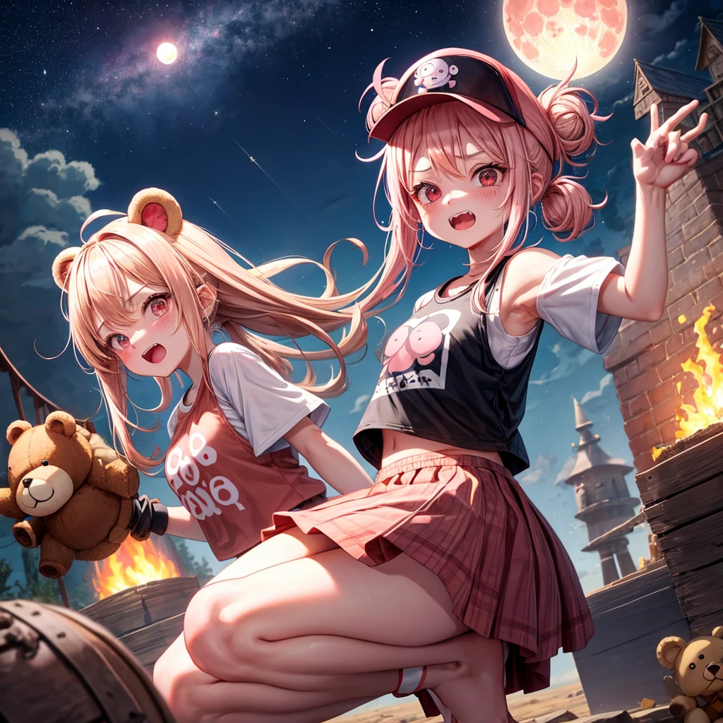 Pink Blonde、Red eyes、Hair tied up、One cute girl、solo、And soul、Checked mini skirt、black t-shirts、one piece、bear ears baseball cap、large tree、Thundercloud、Burning Full Moon、desert、Iron ore piles up、Teeth are visible、Fortress City、Tilting face、Starry Sky、firework、A teddy bear is jumping