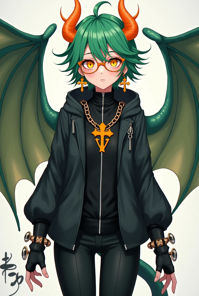 A girl with green hair with short orange tips, orange glasses, orange horns, earrings with a cross, orange eyes with yellow pupils, black jacket, necklace with a cross, bracelet with spikes, black gloves, black pants, black boots, dragon wings