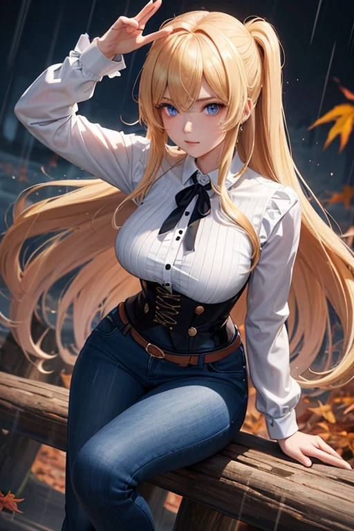 Modern anime-style digital painting of a 25-year-old female teacher in a frontal view and action pose during an autumn day, soaked by rain with dramatic lightning in the background. She is 165 cm tall, with measurements of 91-61-81 cm, and has waist-length, wavy blond hair with V bangs and bright blue eyes. Emitting a golden aura, she stands dynamically with one leg raised on a fallen log. She wears a ruffled white blouse, a black corset, skinny tight blue jeans, and high black boots, all drenched by the rain. The scene is set against rich autumn foliage and vivid lightning, enhancing the intense and mystical atmosphere.