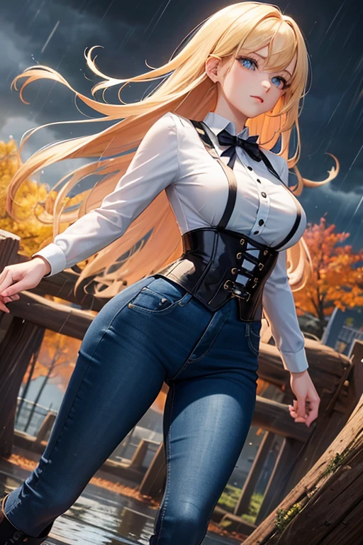 Modern anime-style digital painting of a 25-year-old female teacher in a frontal view and action pose during an autumn day, soaked by rain with dramatic lightning in the background. She is 165 cm tall, with measurements of 91-61-81 cm, and has waist-length, wavy blond hair with V bangs and bright blue eyes. Emitting a golden aura, she stands dynamically with one leg raised on a fallen log. She wears a ruffled white blouse, a black corset, skinny tight blue jeans, and high black boots, all drenched by the rain. The scene is set against rich autumn foliage and vivid lightning, enhancing the intense and mystical atmosphere.