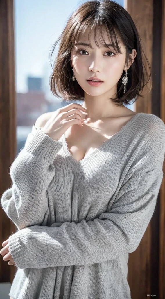 (8k, RAW Photos, Highest quality, masterpiece: 1.2), Super detailed, Super Resolution, (Genuine, Genuine photos: 1.37), High-resolution RAW color photos, Professional photos, とても細かくて美Shii, Very detailed, 8k wallpapers, Amazing details, Large file size, Official Art, Very detailed CG Unity 8k wallpapers, Very detailed beautiful girls, Very detailed faces, Very detailed目, Very detailed肌, Very elaborate fingers, Very detailed鼻, Very sophisticated mouth, Perfect Anatomy, Detailed Background, Detailed clothing, One Girl, (20:1.2), 20th Generation, cute Girl, Realistic body, , White skin, Glowing Skin, The body is slim, Black Hair, short hair, (Blunt bangs: 1.2), cute, like々Shii, かわいらShiiface, リアルなface, Delicate eyes, Sale Eyes, ( (Stylish winter clothes)), ((superior)) Earrings, looking at the camera, Cowboy Shot, Positive, Standing position, traitor, Dynamic Lighting, C cup breasts,face,Overlooking, 