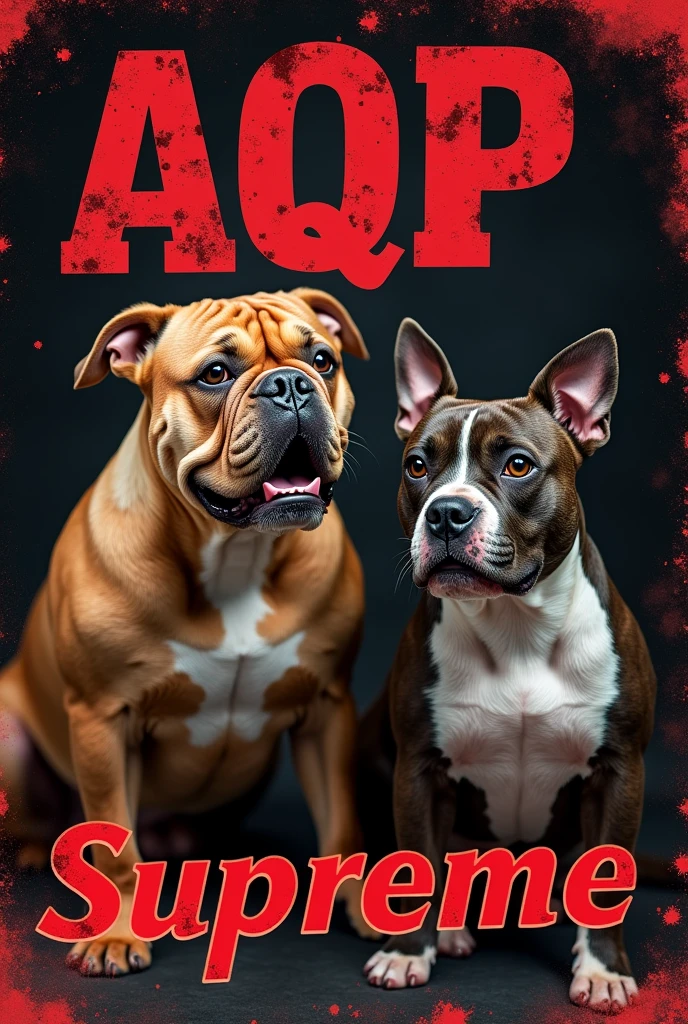 A cover with letters that say Supreme Bull AQP with an image of an English bulldog and a fat, small pitbull, a bad background bull, Black and red background
