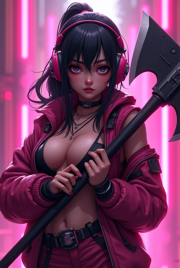 female valorant agent droopy eyes with eyebag, fuschia-pink color scheme, holding big axe, wearing headphone, valorant map background