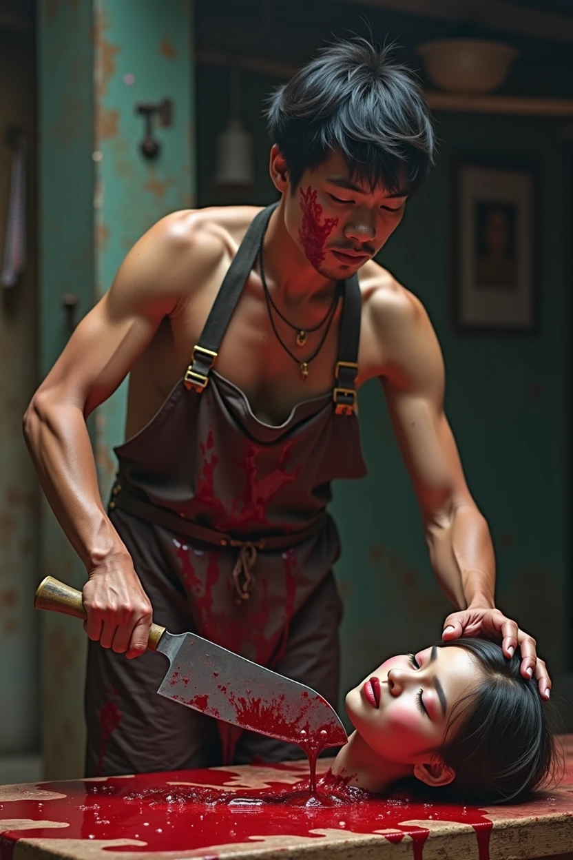 Crazy, horror, man, naked with ron full of blood, b The man has a machete and is splitting open the head. Human head being traded in a traditional market, on a top of table, human trafficking, bleeding, woman's head, beautiful face, ((eyes closed)), bleeding, traditional market place background, photorealistic, 4K, Nikon, horror, public market, beautiful asian face