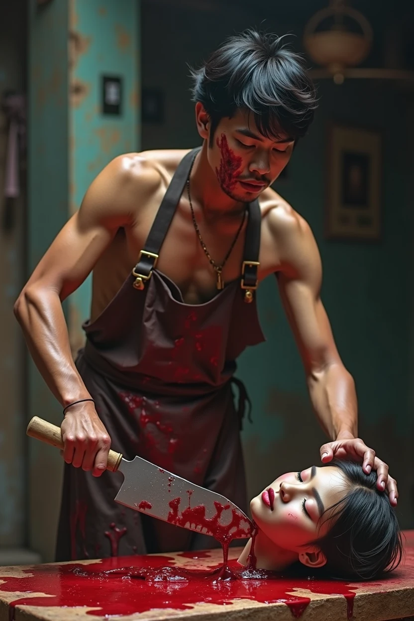 Crazy, horror, -yeld manaked with an apron full of blood, bloody woman. The man has a machete and is splitting open the head. Human head being traded in a traditional market, on a top of table, human trafficking, bleeding, woman's head, beautiful face, ((eyes closed)), bleeding, traditional market place background, photorealistic, 4K, Nikon, horror, public market, beautiful asian face