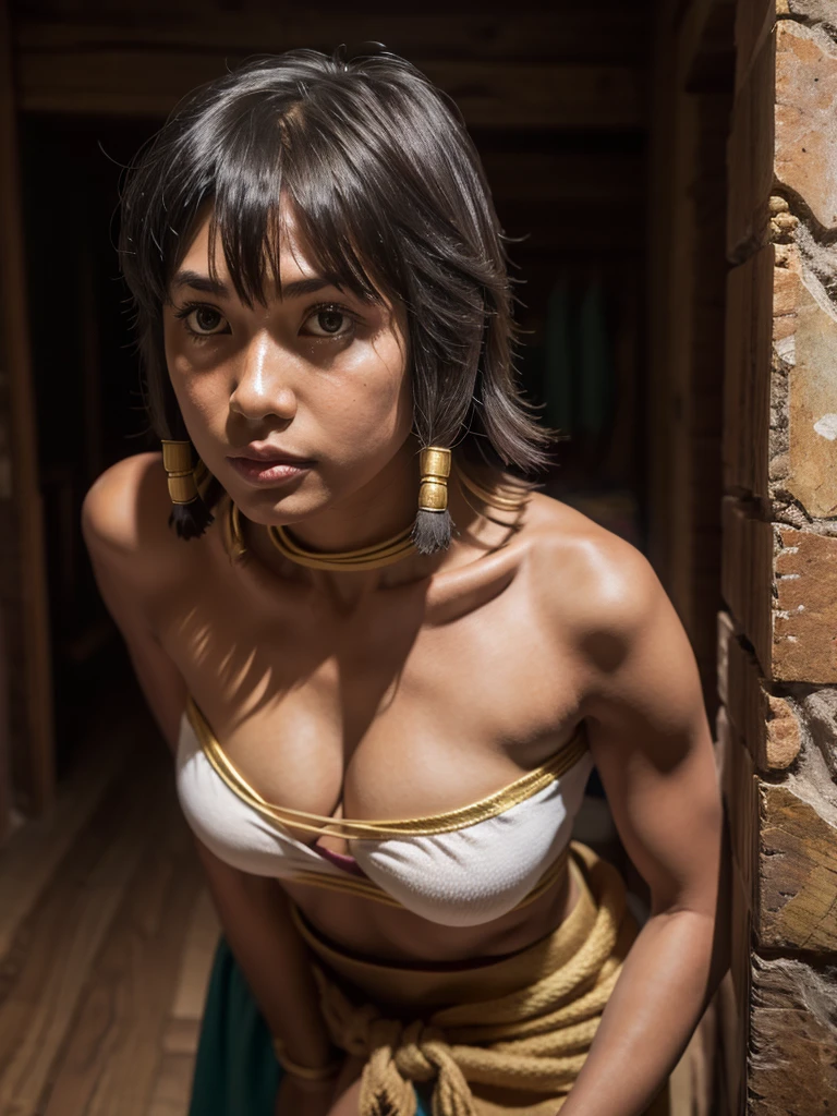 full body,(Tiona Hiryute:1.1) has medium-length black hair and brown eyes. Appearance Young s old baby, loli cuall Amazons, she wears revealing clothes, wearing only a strip of cloth around her chest and a pareo around her waist, and always walks barefoot.extremely detailed detailed face , long eyelashes, photorealistic, high quality, highly detailed, 8k, masterpiece, realistic, studio lighting, natural lighting, soft lighting, warm colors, pastel colors, vibrant colors, in a dungeon rpg