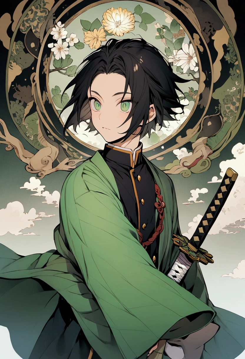 Boy belonging to the black-haired Demon Slayer hashiras,light green eyes,with a green haori with Tokito Muichiro's uniform and a katana representing nature