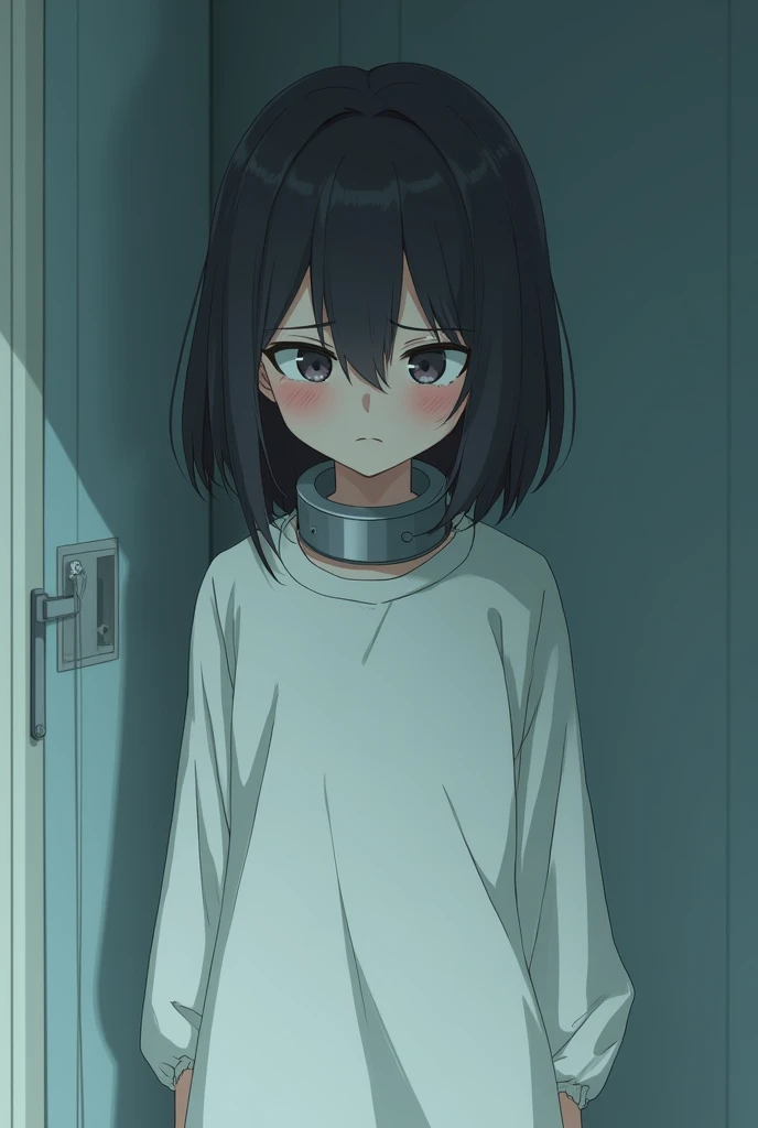 anime kid girl mid hair wearing a long white hospital gown and a metallic collar like and experimental subject her head down without eyes with fear in her eyes with tears flowing down her cheeks 

