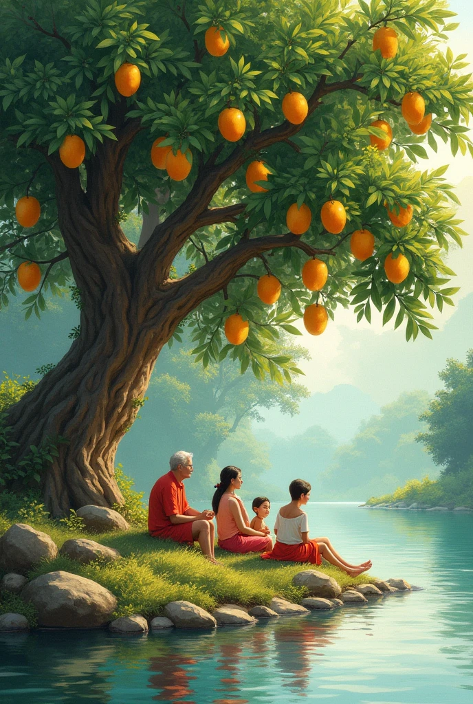 There is a place where there is a river and a mango tree and some people