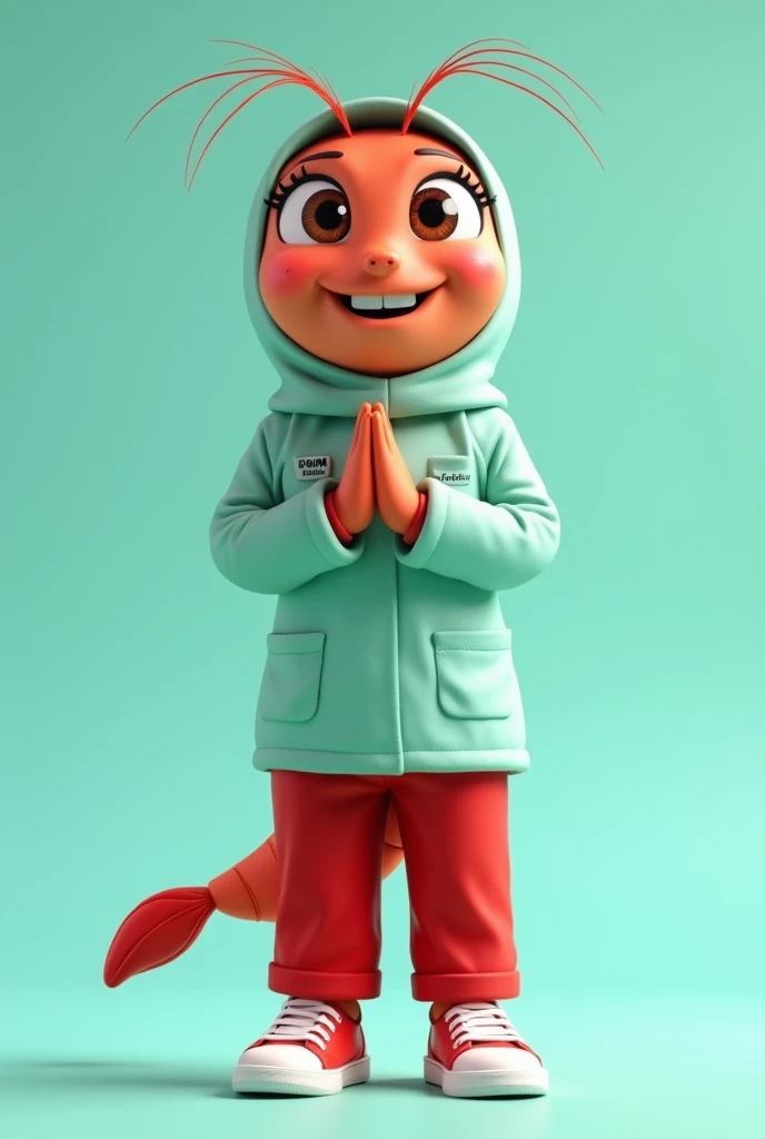 Create an 4D realistic animated character named [Suster], designed to be the iconic mascot for Clinic health of Sidoarjo, in the style of cartoon pixar movie animation. [Suster] is a 20 yo charming cute shrimp with a unique twist —he has human-like arms and legs. Her large, round brown eyes are full of energy and friendliness, inviting everyone to engage with her. Suster wears  full hijab and the shrimp antenne seem out from hijab, and a light green muslim doctor with the name " PKM--URANGAGUNG" proudly displayed across the chest, His feet are clad in bright red canvas sandals, adding a playful and youthful vibe to his appearance.  The overall design should exude warmth, approachability, and a sense of pride in representing the vibrant city of Sidoarjo. A cheerful cartoon Suster character with pose  stands in a dynamic pose, make the character's hands clasped to indicate appreciation and respect for the audience. smile with the upper teeth only slightly visible. while its legs are clad in long red culottes and WHITE sneakers. The background is a soft turquoise, enhancing the lively and playful vibe of the character.