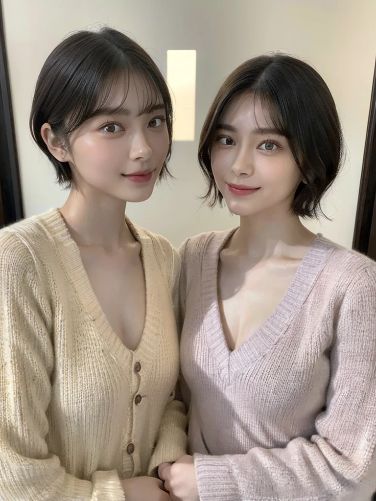 (masterpiece:1.3), (8k, Photoreal, Raw photo, best image quality: 1.4), Japanese high school girl、(random hairstyle:1.2)、cleavage:1.5、super detail face、eye for details、double eyelid、chest to chest、sharp focus:1.2、Beautiful woman:1.4、light brown hair、highest quality、masterpiece、超A high resolution、(Photoreal:1.4)、Highly detailed and professionally lit smiles、loose and light knitwear、shoulder out、thin、serious expression、short haired、deadly position
similar identical twins
All the girls have the exact same face, The two have the same face and figure, as if they were mirror images.