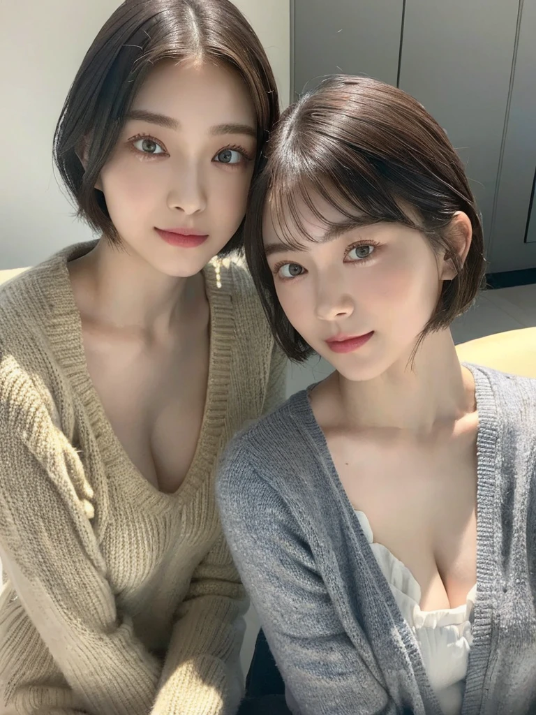 (masterpiece:1.3), (8k, Photoreal, Raw photo, best image quality: 1.4), Japanese high school girl、(random hairstyle:1.2)、cleavage:1.5、super detail face、eye for details、double eyelid、chest to chest、sharp focus:1.2、Beautiful woman:1.4、light brown hair、highest quality、masterpiece、超A high resolution、(Photoreal:1.4)、Highly detailed and professionally lit smiles、loose and light knitwear、shoulder out、thin、serious expression、short haired、deadly position
similar identical twins
All the girls have the exact same face, The two have the same face and figure, as if they were mirror images.