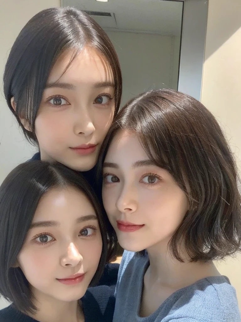 (masterpiece:1.3), (8k, Photoreal, Raw photo, best image quality: 1.4), Japanese high school girl、(random hairstyle:1.2)、cleavage:1.5、super detail face、eye for details、double eyelid、chest to chest、sharp focus:1.2、Beautiful woman:1.4、light brown hair、highest quality、masterpiece、超A high resolution、(Photoreal:1.4)、Highly detailed and professionally lit smiles、loose and light knitwear、shoulder out、thin、serious expression、short haired、deadly position
similar identical twins
All the girls have the exact same face, The two have the same face and figure, as if they were mirror images.