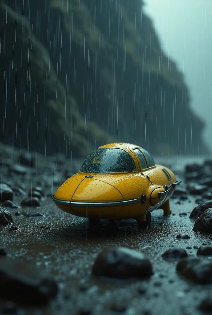 A small yellow spaceship landed on a planet,The small spaceship gets soaked in the downpour,It's dark all around,
