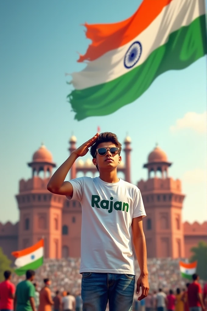 7TH PROMPT :- Create a realistic picture of an 18-year-old boy wearing a white t-shirt and blue jeans. He is saluting a big flying Indian flag, with the Red Fort in the background. The name “Rajan” is written on his t-shirt in bold letters, sunglasses. The overall image should have a divine background, reminiscent of Indian Republic Day, with people celebrating.