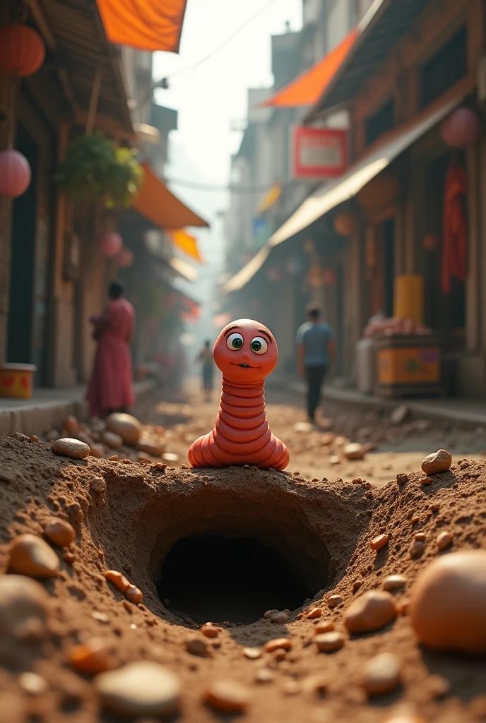 Here’s the prompt based on the start of your story:
---
Create an image of a lively street in Delhi, featuring a small underground burrow where a tiny earthworm named "Champak" is born. The scene should capture the vibrant atmosphere of Delhi with narrow streets, old buildings, and a mix of human activity. In the background, there should be a subtle depiction of sounds or vibrations in the soil, as if the earth itself is echoing with slang like "अबे ओ टिल्लू, कैसे गाड़ के रखा है बे?" The earthworm's burrow should appear cozy, with little hints that this is no ordinary earthworm.