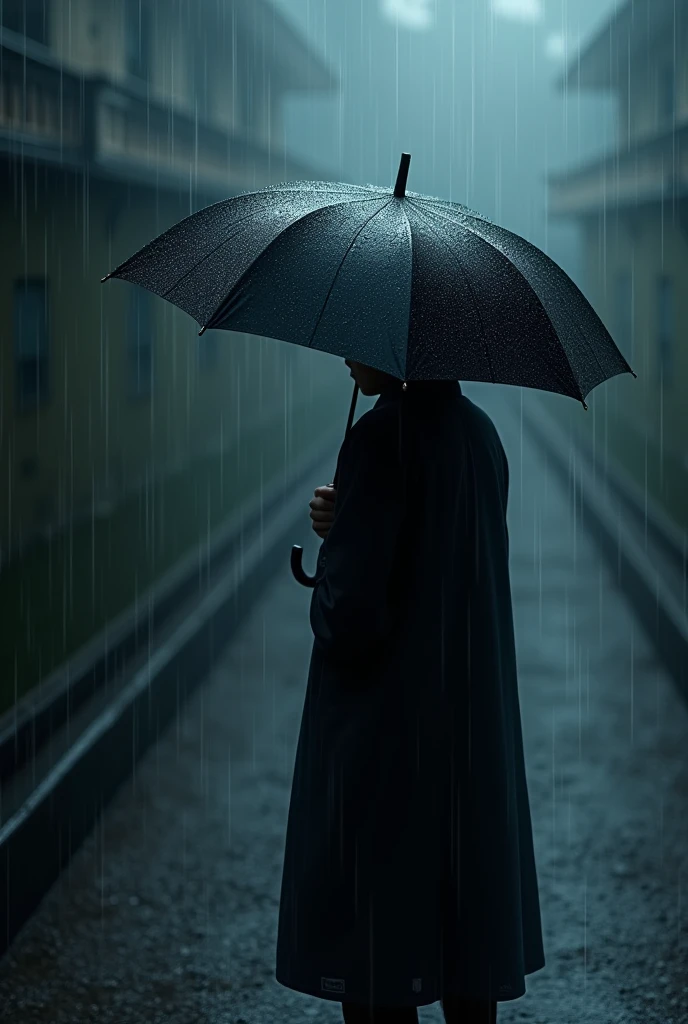 A black umbrella and rain pouring