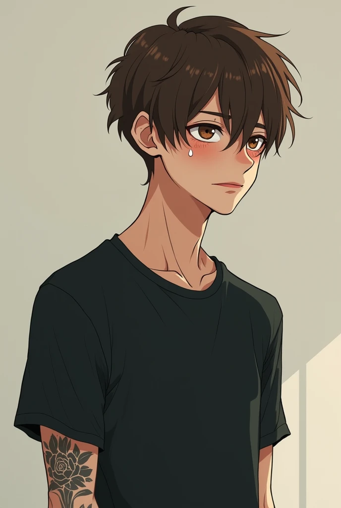 Anime style image of a thin male crying with brown hair and eyes wearing a black t-shirt and a tattoo only on his left arm