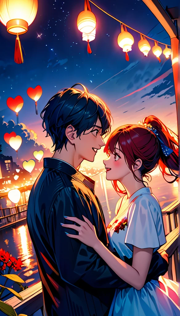 (Highest quality,Very detailed,Realistic:1.37),humor,Comic book style,Bold,Vibrant colors, Close to cool colors,Desaturate,Beautiful night view, A girl and a boy, Fun couple, Laughter, floating love,