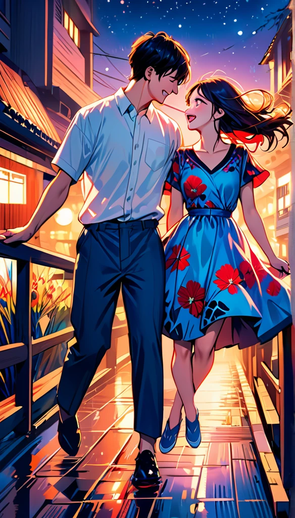 (Highest quality,Very detailed,Realistic:1.37),humor,Comic book style,Bold,Vibrant colors, Close to cool colors,Desaturate,Beautiful night view, A girl and a boy, Fun couple, Laughter, floating love,