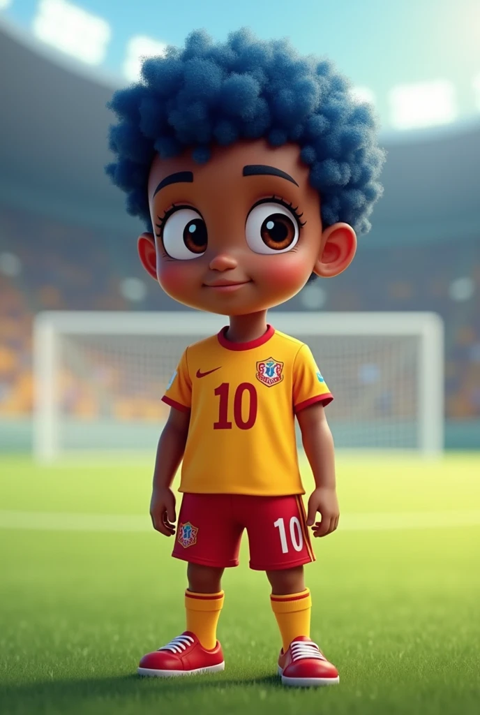 Create a Disney character , boy 6 years old, short blue curly hair, dark shaped eyes, skin black , wearing the Flamengo uniform, number 10, fully body, soccer field background