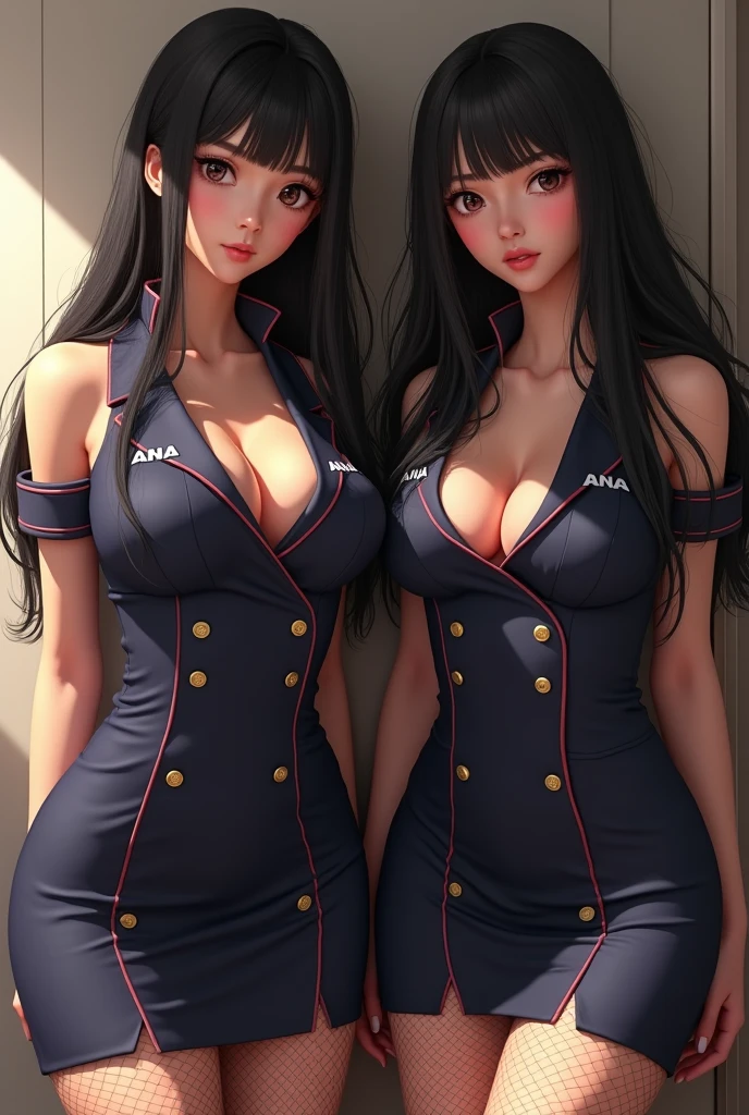 (photorealism:1.2), beautiful Japanese women in 20's wearing ANA flight attendant clothes .
Wearing fishnet stockings. Unbuttoned uniform. Black hair color. Huge breast and hips.