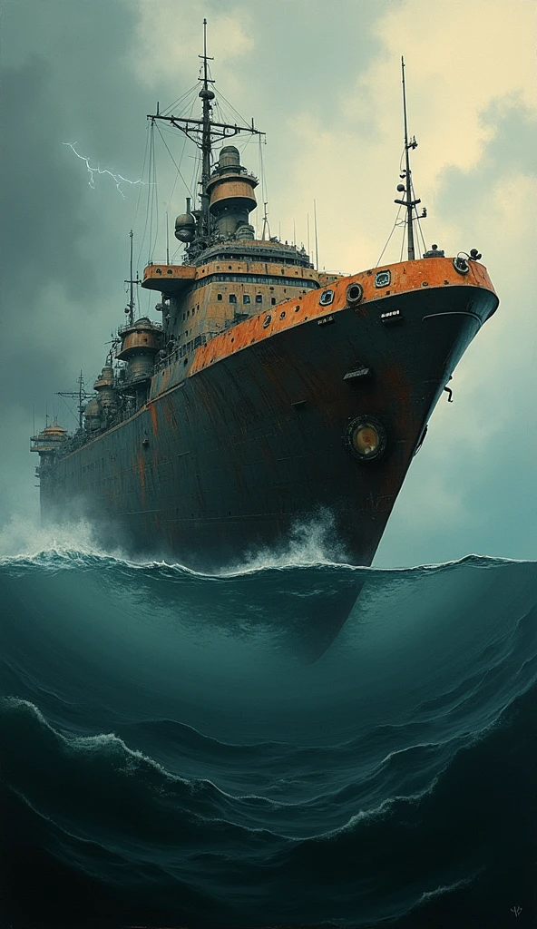 best quality,masterpiece,absurdes,solo,A mechanical military ship swims in an oil-black ocean,worm metal,rust,complex and intricate design,panels, engines, windows, antennas,detailed reflections,waves,caustics,glow,energy sparks,eerie mist,foggy,strong light beams, surreal and dystopian, post-apocalypse,science fiction, futuristic,high-tech,cybernetic,combination of flesh and steel, Thunderstorm, Renaissance,impressionism, Cryptic, (Sepia), (Space), (Pointillism),grisaille, red color guide,primary colors,contrast background, ultra detailed, intricate, oil on canvas, dry brush,bright lit,higly visible, contrast lighting,color contrast,colorful,vibrant, (surrealism), (disturbing), dramatic lighting, professional, excellent composition, visualy stunning, unprecedented, extraordinary, innovative, experimental, boundary-pushing, absolutely outstanding, dynamic, (double exposure), detailed background