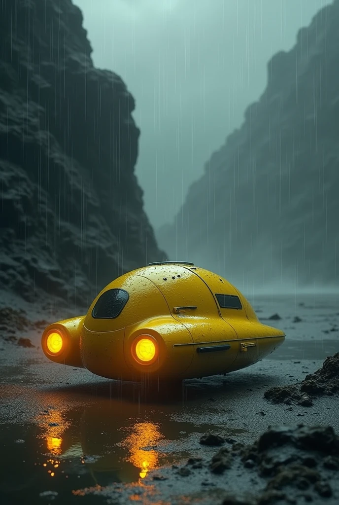 A small yellow spaceship landed on a planet,The small spaceship gets soaked in the downpour,It's dark all around,