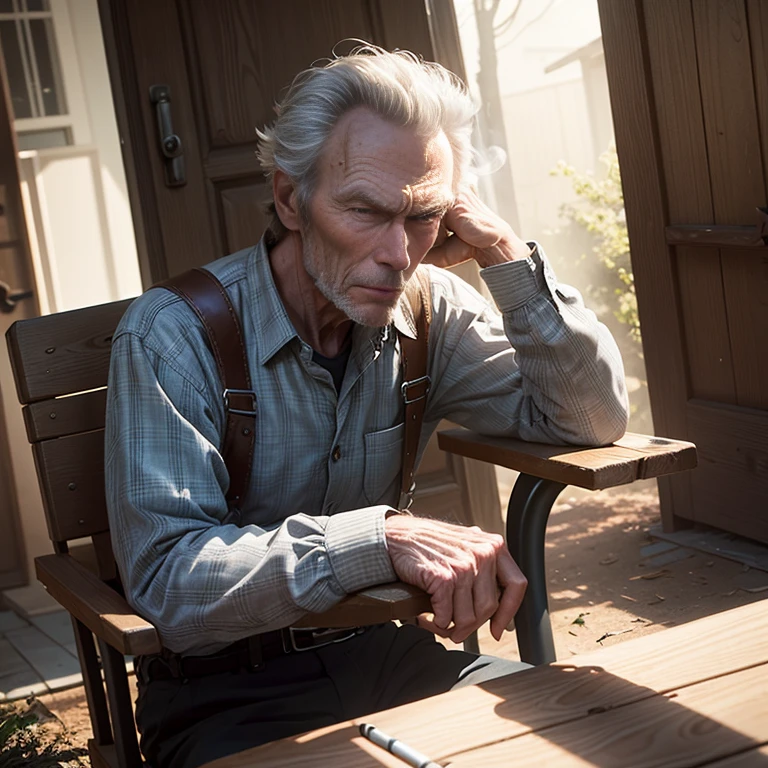 an elderly thin man sits on a chair in the yard and smokes a cigarette. Clint Eastwood looks into the distance with disdain, his gaze radiated discontent. Deep wrinkles on the face, wrinkles on cheeks. Eyes narrowed.. He is wearing a plaid shirt and trousers with suspenders... His face is shaved... Clouds float across the sky, branches and boards are scattered around chaotically. digital photography, ultra textured leather, Realistic photography, Cinematic effect, soft light, soft shadows, high quality volumetric lighting.
