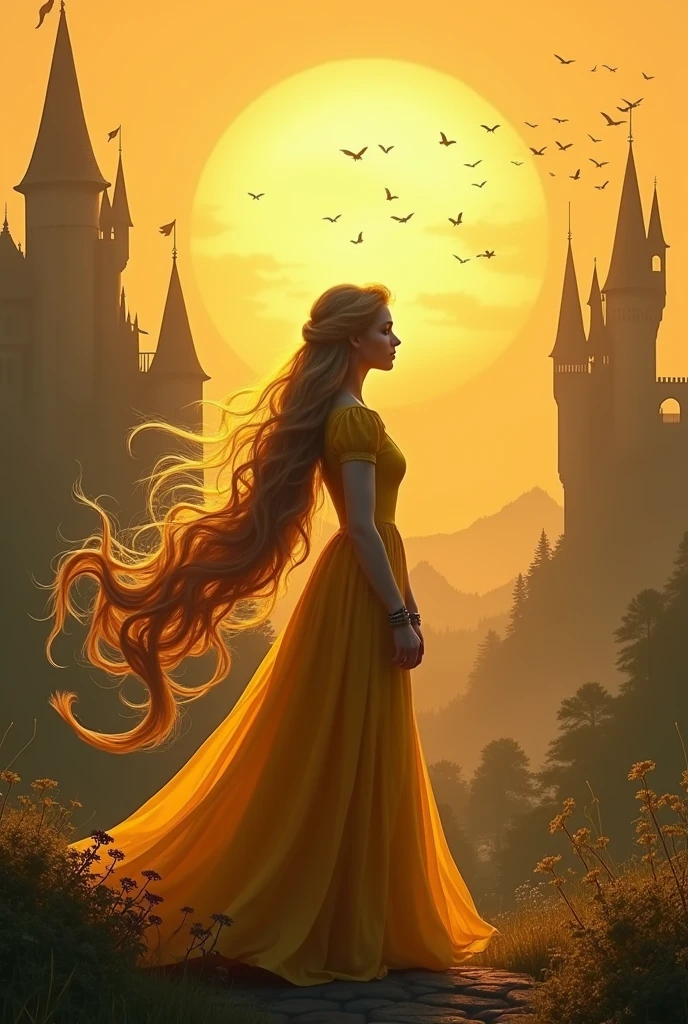 Smartphone Wallpaper、Woman silhouette、Rapunzel、Silhouettes with castles and other backgrounds、The dress is yellow💛