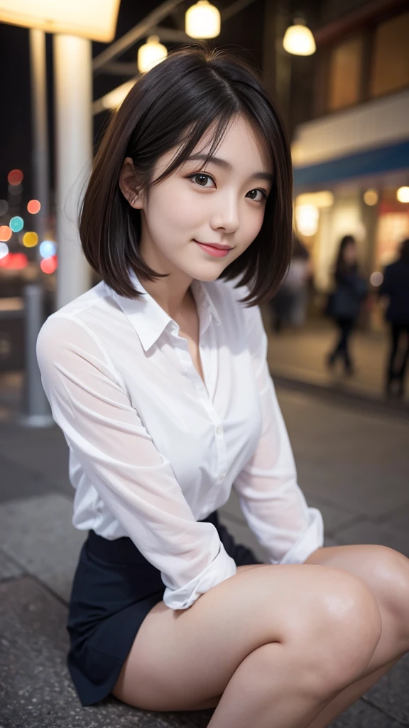  Thin legs, , New York night view、Blur the background, Sidewalk, RAW Photos, 8k, Highest quality, Ultra-high resolution, Beautiful facial details, Real human skin, Gentle expression, Front view, Angle from below, Long Hair, Realistic, Realistic, cute, The lower part of the body is panties,  cute女子大学生, office lady, smile、Japanese、Japanese美女、Professional fashion model, whole body,Perfect Face、Perfect body line、Short Hairstyles,Upper body photo、