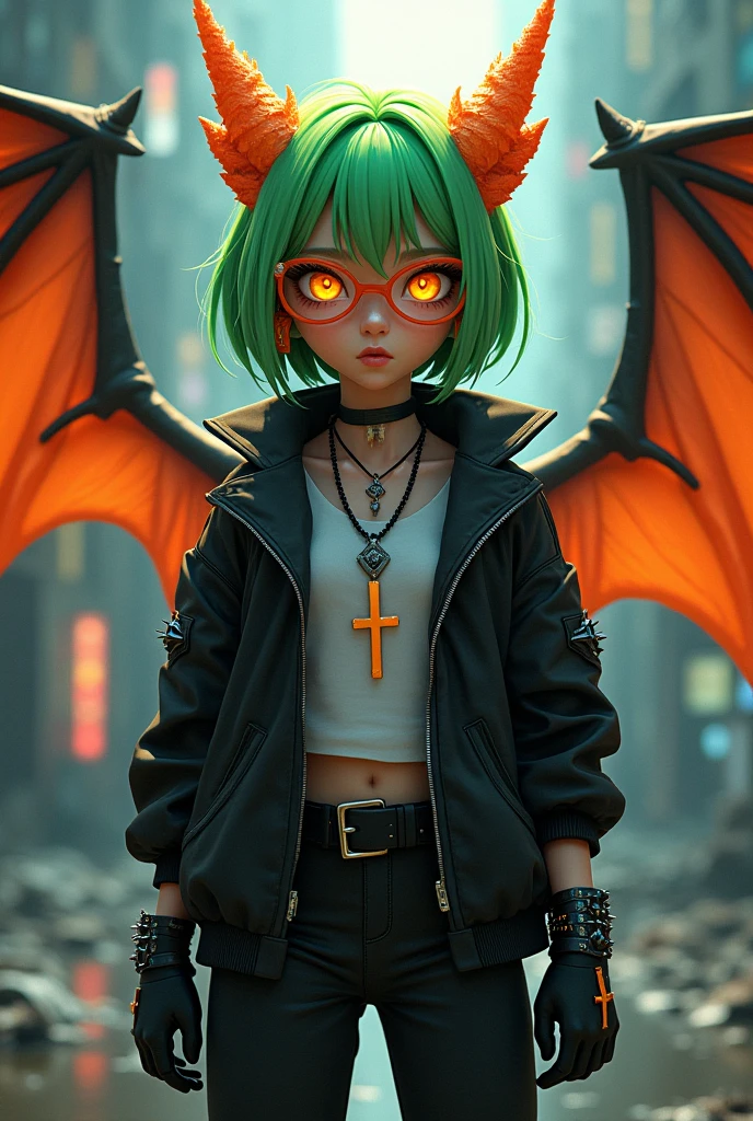 A girl with green hair with short orange tips, orange glasses, orange horns, earrings with a cross, orange eyes with yellow pupils, black jacket, necklace with a cross, bracelet with spikes, black gloves, black pants, black boots, dragon wings