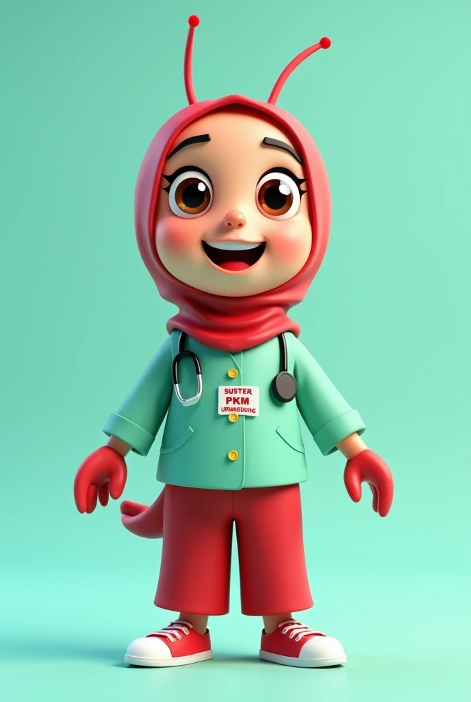 Create an 4D realistic animated character named [Suster], designed to be the iconic mascot for Clinic health of Sidoarjo, in the style of cartoon pixar movie animation. [Suster] is a 20 yo charming cute shrimp with a unique twist —he has human-like arms and legs. Her large, round brown eyes are full of energy and friendliness, inviting everyone to engage with her. Suster wears  full hijab and the shrimp antenne seem out from hijab, and a light green muslim doctor with the name " PKM--URANGAGUNG" proudly displayed across the chest, His feet are clad in bright red canvas sandals, adding a playful and youthful vibe to his appearance.  The overall design should exude warmth, approachability, and a sense of pride in representing the vibrant city of Sidoarjo. A cheerful cartoon Suster character with pose  stands in a dynamic pose, make the character's hands clasped to indicate appreciation and respect for the audience. smile with the upper teeth only slightly visible. while its legs are clad in long red culottes and WHITE sneakers. The background is a soft turquoise, enhancing the lively and playful vibe of the character.
