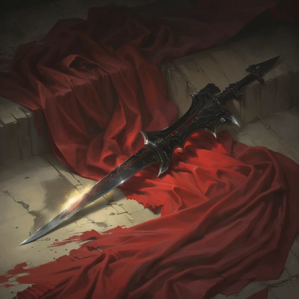 painting of a sword with a red cloth on a bed, epic fantasy weapon art, Abadon e magali villeneuve, Direction: Lucas Graciano, fantasy blade, mtg art, longsword, Fantasy RPG Weapon Art, Noah Bradley. sharp focus, a sword stuck in the ground, magali villeneuve', swordsman on the other, jagged sword, huge sword, purple mist