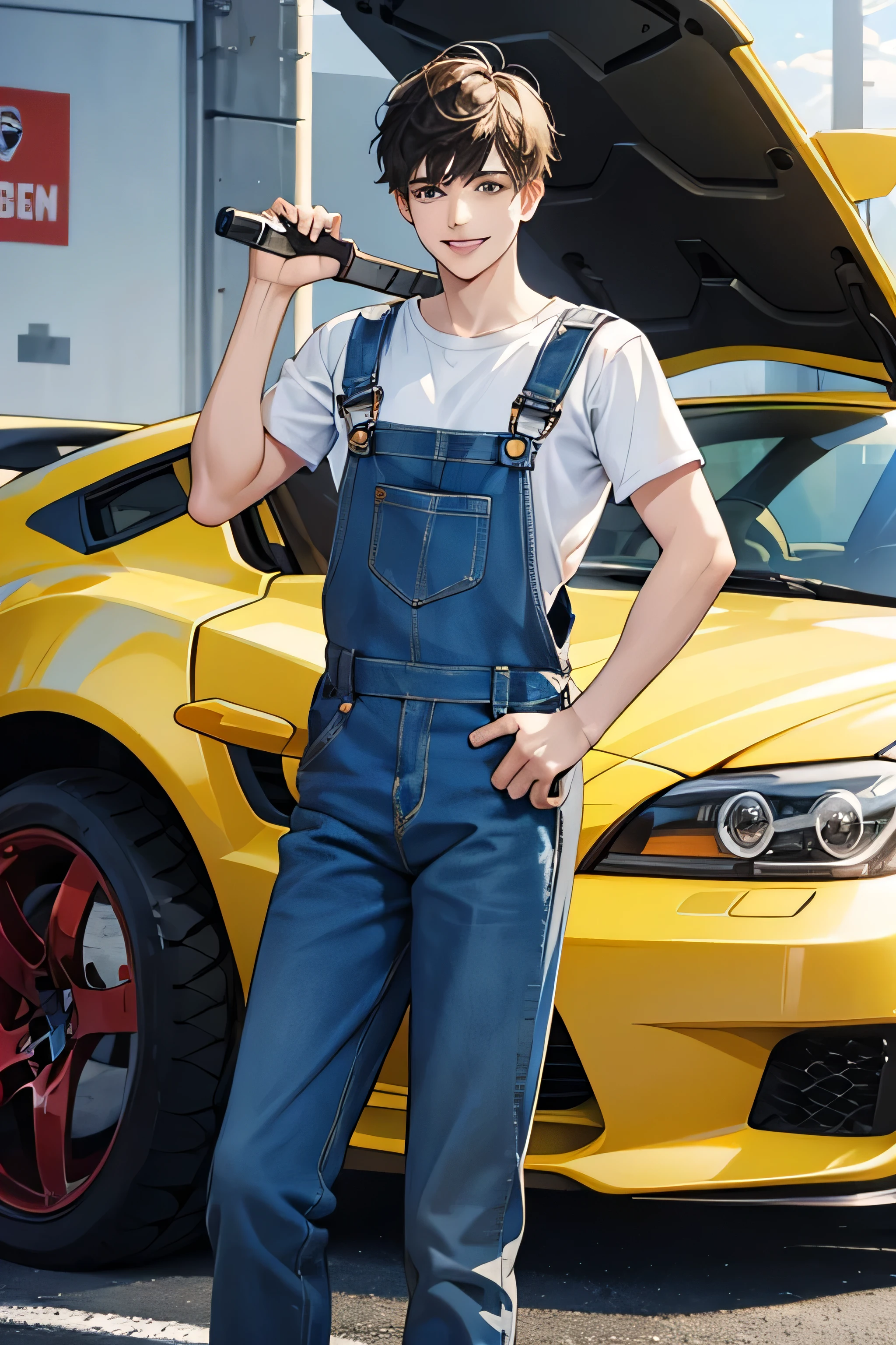 A cute young man wearing overalls, smiling beautifully, holding a wrench, a sports car.