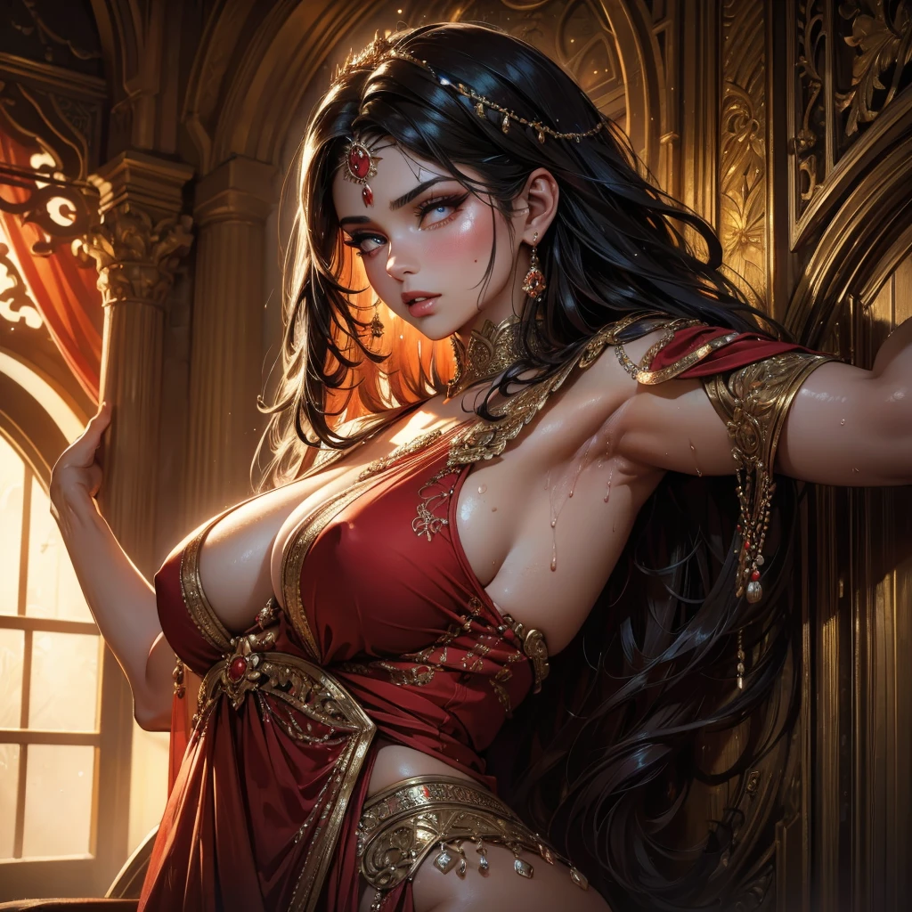 Single beautiful Persian princess, wearing a fitted wet red sharara, long wavy black hair, visible sweat dripping from armpits, fully body covered in glistening sweat, big breasts, white skin, backside visible with detailed facial features, beautiful eyes and lips, fully body visible, extremely detailed face, long eyelashes, portrait, (best quality,4k,8k,highres,masterpiece:1.2),ultra-detailed,(realistic,photorealistic,photo-realistic:1.37),dramatic lighting, warm color tones, vibrant colors