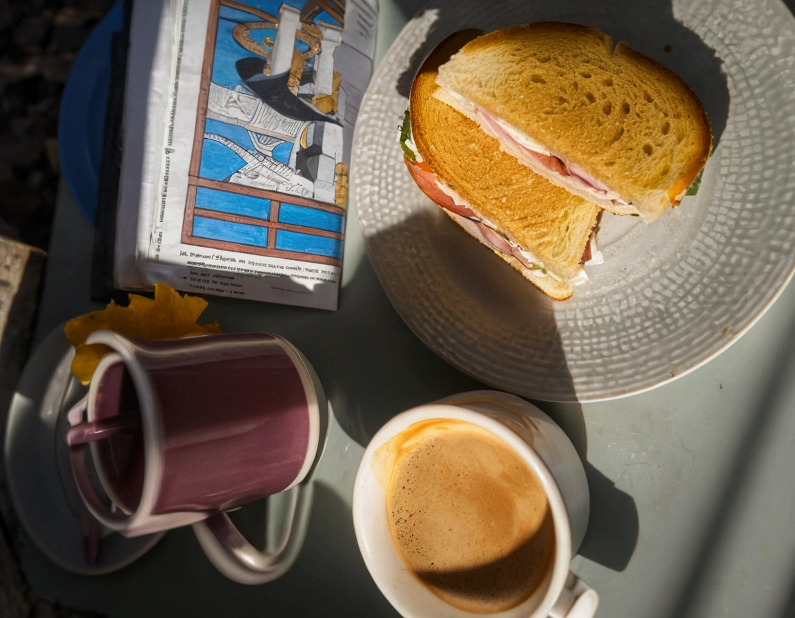 There is a plate with a sandwich and a cup of coffee, Breakfast in Las Pozas, morning time, photo taken in 2 0 2 0, exploitable image, in the late morning, morning sunlight, ((supersaturated)), sunny morning light, taken in 2022, hyperdetailed!!, imagem empilhada, por Romain Brook