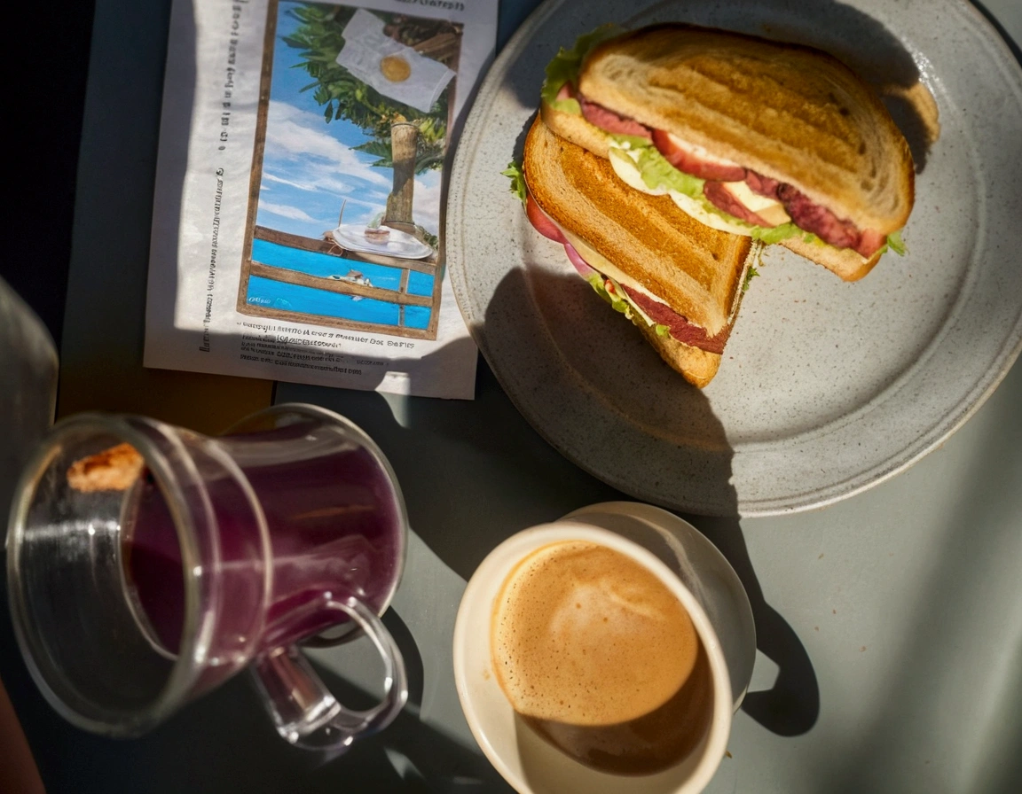 There is a plate with a sandwich and a cup of coffee, Breakfast in Las Pozas, morning time, photo taken in 2 0 2 0, exploitable image, in the late morning, morning sunlight, ((supersaturated)), sunny morning light, taken in 2022, hyperdetailed!!, imagem empilhada, por Romain Brook